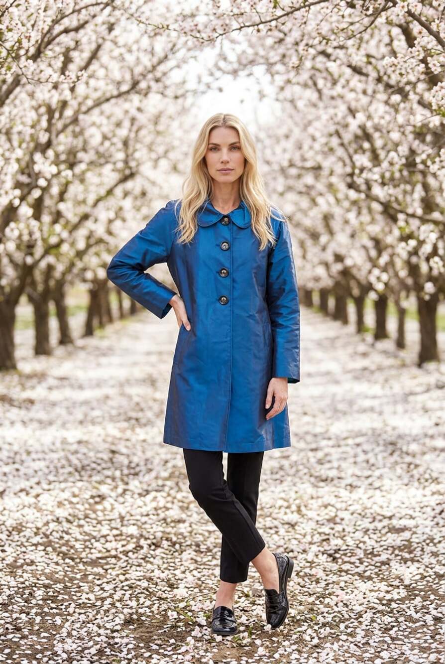 UBU Peacock Blue Iridescent Taffeta Raincoat with Abstract Graphic Lining